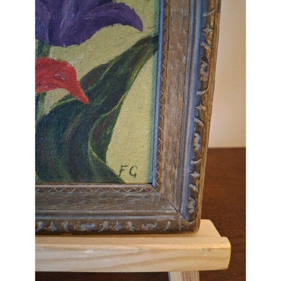 Framed Floral Oil Painting Signed FG Wooden Frame Red Purple Tulips Vintage - Picture 3 of 9